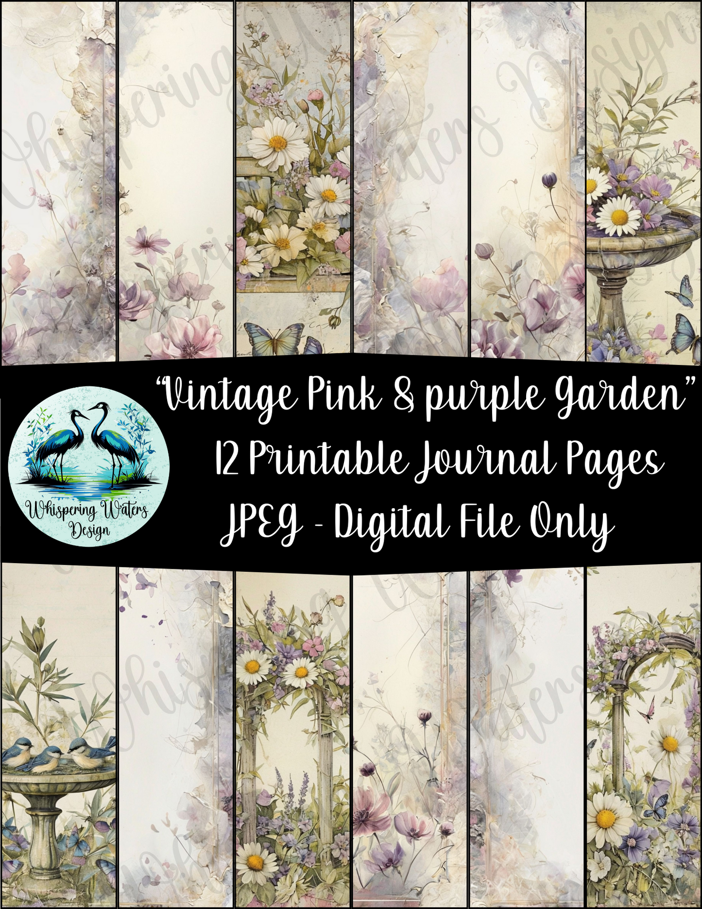 "Vintage Pink & Purple Garden" 12 pack printable journal pages